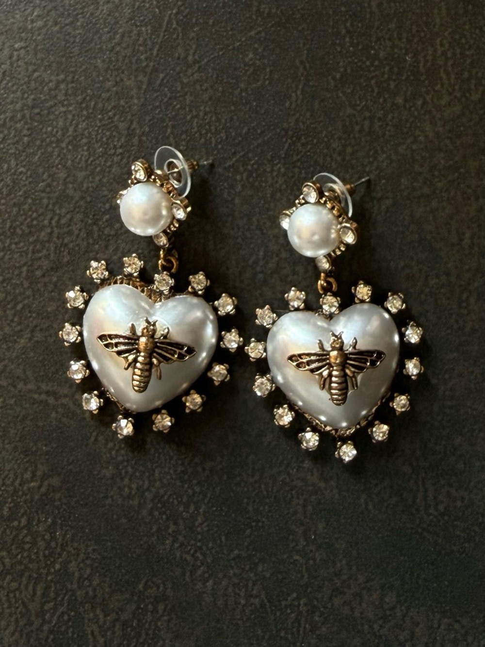 Puffy Pearl and Rhinestone Heart Earrings With Gold Bee Detail